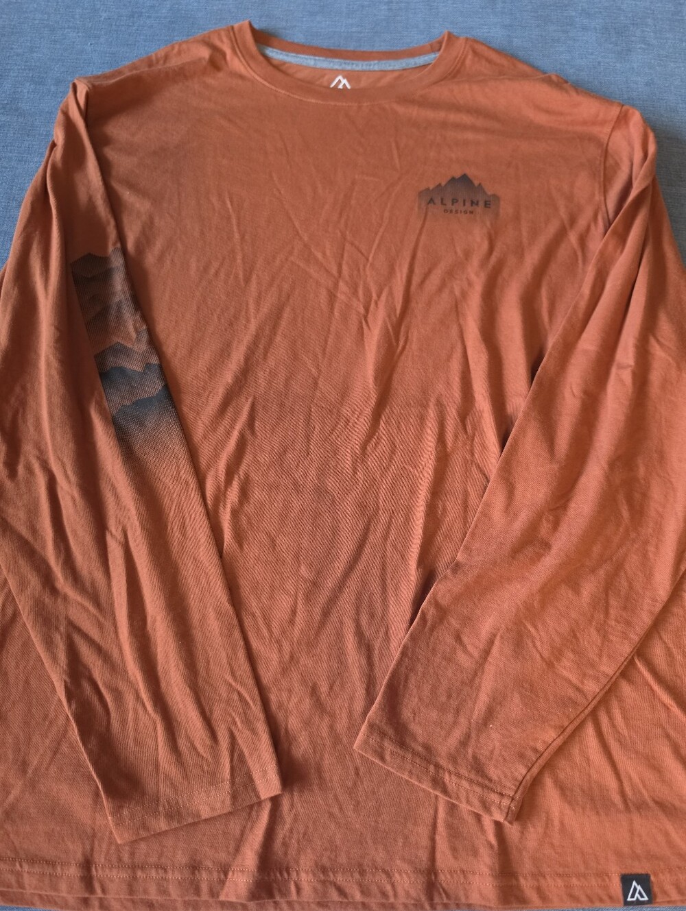 Alpine Design Men's Long-Sleeve Crew in Burnt Orange with Mountain Logo